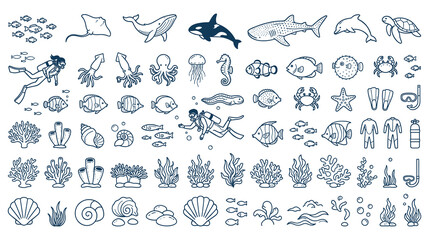 Fototapeta premium Underwater ocean creatures and divers for marine life exploration.