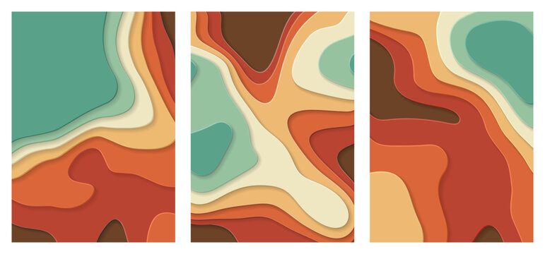 Cut paper shapes abstract backgrounds in retro colors. Set of three.