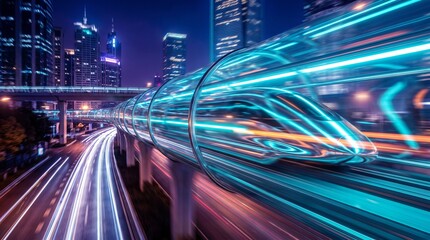 Fototapeta premium Futuristic hyperloop train speeding through glass tube in neon city night skyline