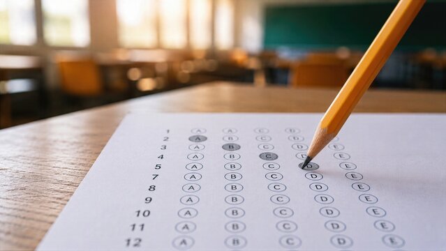 Pencil Marking Multiple Choice Exam Answer Sheet on Desk in Classroom During Test