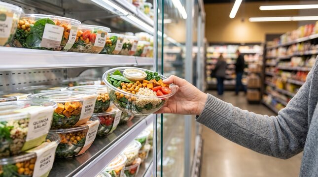 Fresh prepackaged salad bowl in grocery store, healthy takeaway meal in supermarket fridge, person choosing nutritious lunch