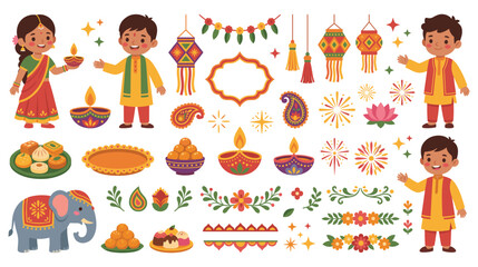 Fototapeta premium Diwali festival colorful icons set for indian celebration.