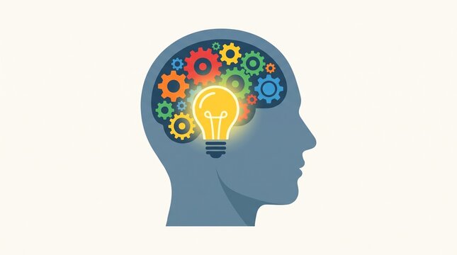 Human head profile silhouette with glowing light bulb and colorful gears representing creative thinking