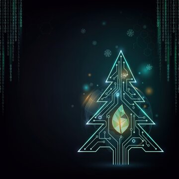 Digital Christmas tree circuit board design with glowing green leaf and binary code on a dark tech