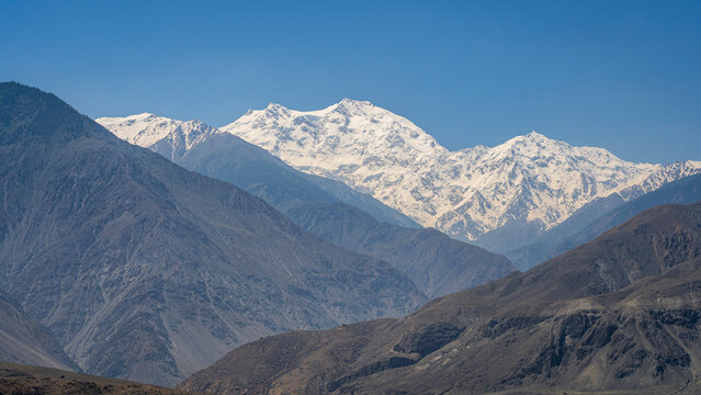 Closeup mountain landscape view of mighty snowcapped Nanga Parbat from Thalich bridge, Astore, Gilgit-Baltistan, Pakistan