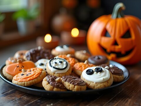 Halloween: biscotti e dolci di Halloween con zucca illuminata