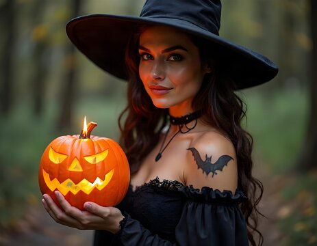 Halloween: strega che regge una zucca illuminata 