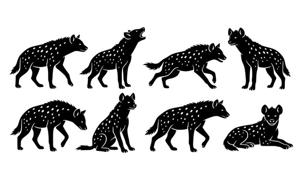 Spotted Hyena Group Black Silhouette Wildlife Vector Illustration