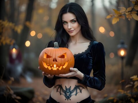 Halloween: strega che regge una zucca illuminata 