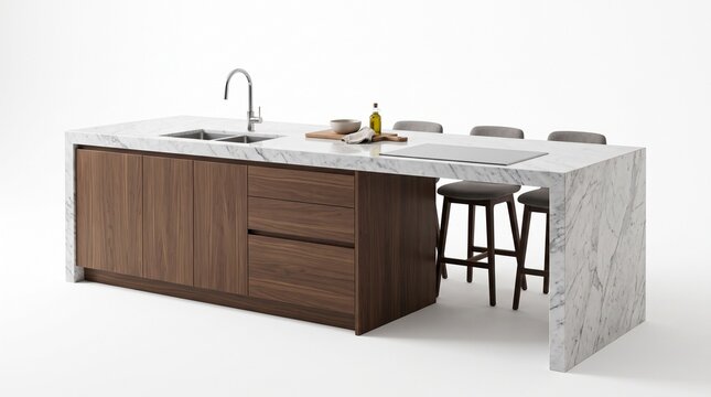 Modern kitchen island with marble countertop and wooden cabinets