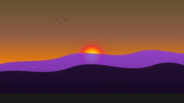 Retro pixel art sunset over purple mountains