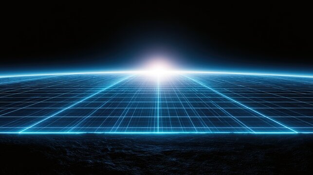 Radiant grid network extending across a textured planetary surface towards bright light