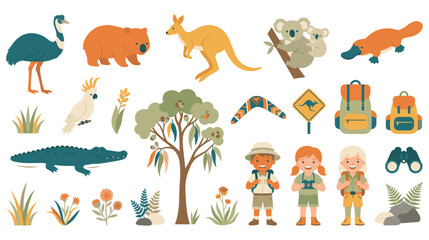 Obraz premium Vibrant Australian scene with animals kids and nature elements.