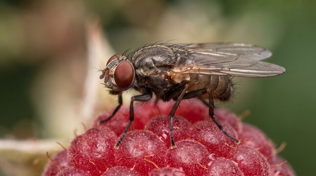 Macro shot of a fly resting on a ripe raspberry