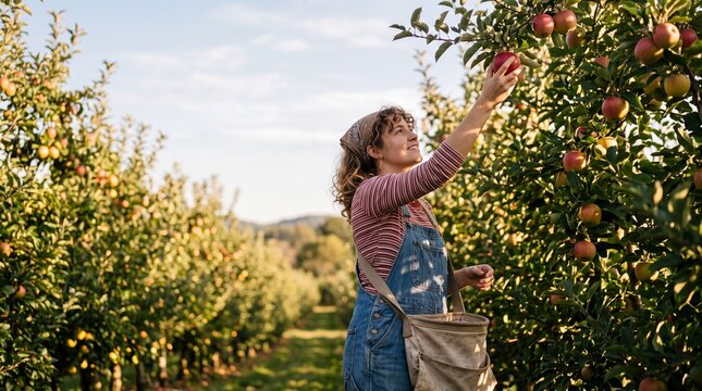 Person picking apples from tree in orchard