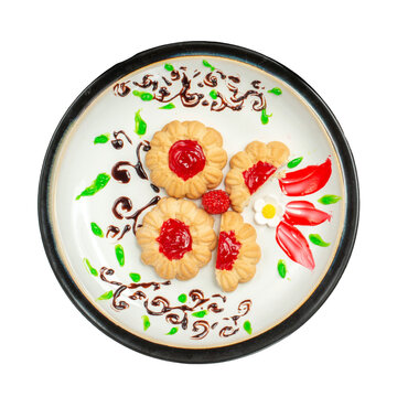 Homemade Delicious Cookies Garnished with Fresh Strawberries and Chocolate Sauce on a White Plate, Perfect for Dessert or Tea Time Snack Photography