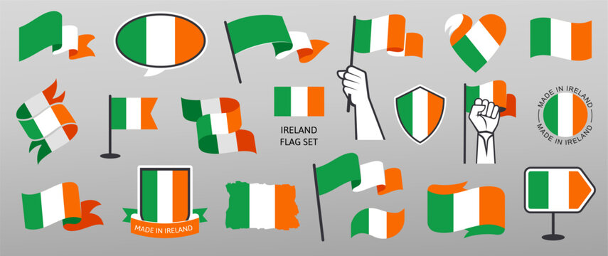 Irish Flags and National Badges Vector Set in Different Styles with Ribbons