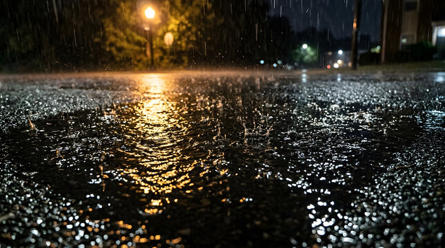A close-up of rain striking a puddle on dark pavement at night, streetlight reflections breaking into scattered ripples with each new drop