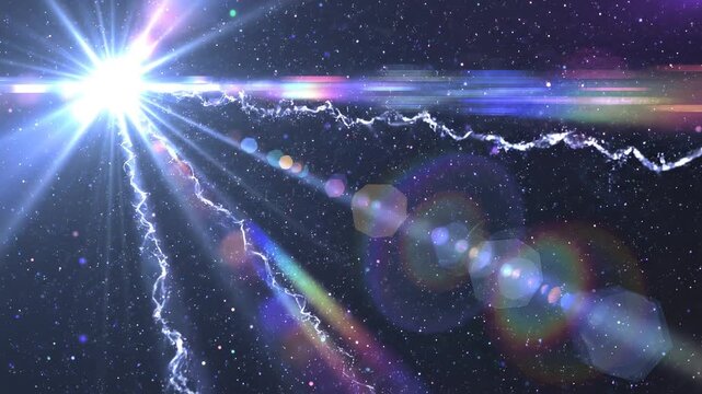 Abstract cosmic energy burst with glowing light flares and electric lightning particles dynamic space background motion