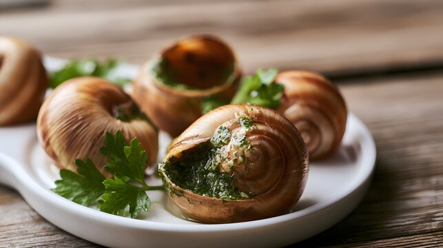 French escargots glistening with garlic butter a luxurious culinary still life on rustic wood
