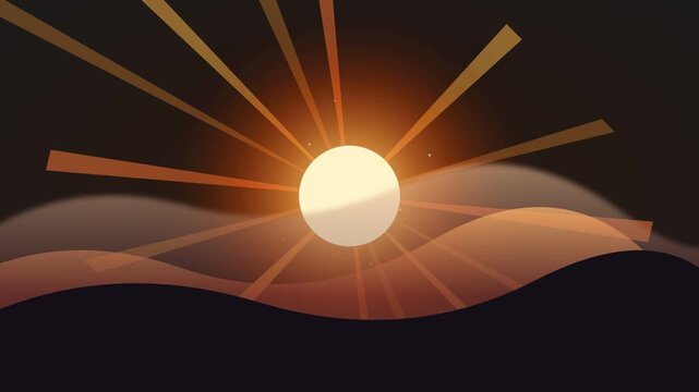 Abstract sun rising over desert hills with glowing rays of light