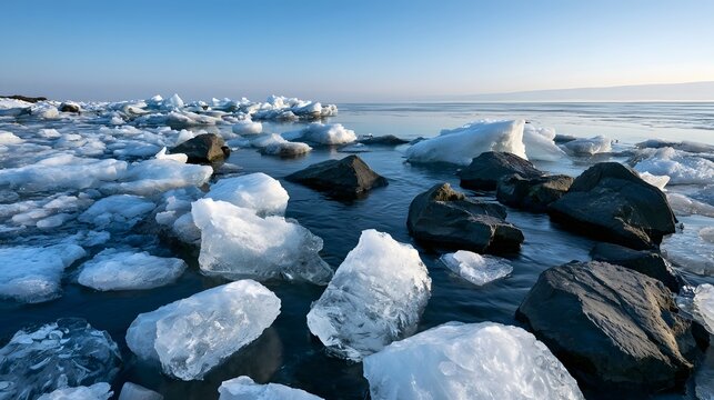 Ice floes drift among dark rocks along a calm sea under a clear blue sky during early morning light