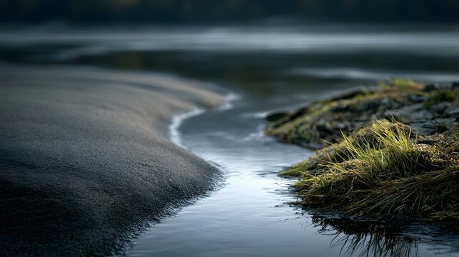 A calm river flows gently around a dark sandy bank  bordered by mossy rocks and grass under soft ambient light