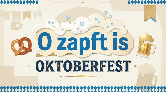 Oktoberfest o zapft is typography, beer mug icon, traditional pretzel, paper cut style badge, bavarian festival design, drink label, celebration template