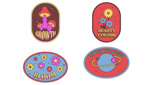 Retro groovy badge stickers with growth, floral and travel quotes