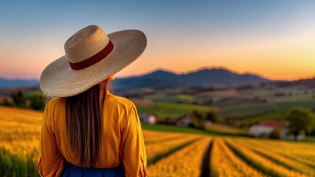 Woman stands in a field watching the sunset over mountains and farmland in a rural area with colorful crops