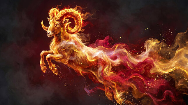 Fire Goat, woven from golden flame and flowing energy, a mystical zodiac symbol on a dark background