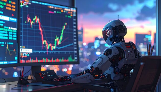 Futuristic humanoid AI robot monitoring multi-screen financial stock market trading candlestick charts