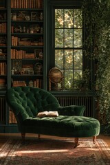 Fototapeta premium Vintage home library interior with green velvet chaise lounge and bookshelves