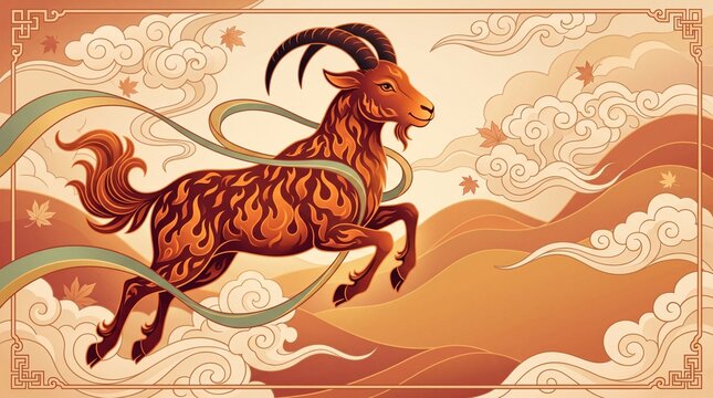 Oriental style illustration of a leaping fire goat zodiac sign with flame pattern, ribbon, cloud, and maple leaf on ornamental orange background.
