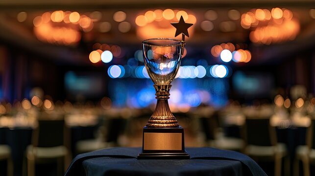A golden trophy with a star stands in the foreground, awards ceremony
