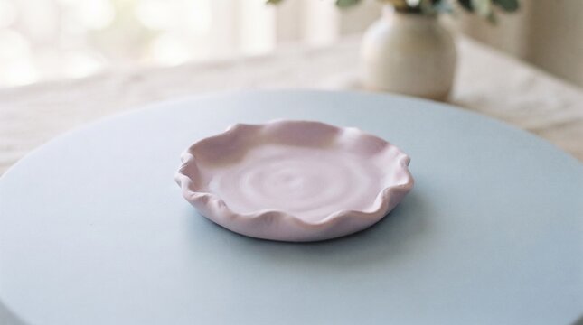 Handmade pink polymer clay trinket dish on a light blue table for jewelry storage