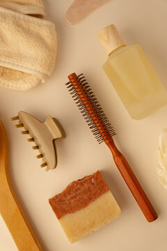 Flat Lay Of Sustainable Self Care Ritual Essentials On Neutral Background