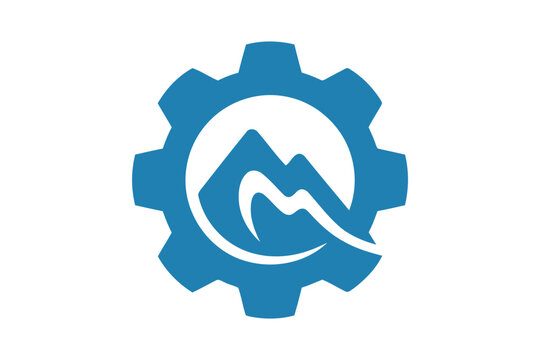 Blue gear wheel with mountain silhouette inside.