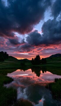 Serene alpine sunset reflecting in still water a breathtaking landscape of peace and vibrant natural beauty