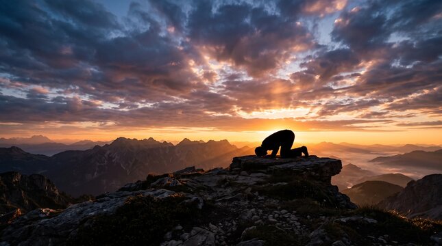 Muslim man praying on mountain peak at sunrise