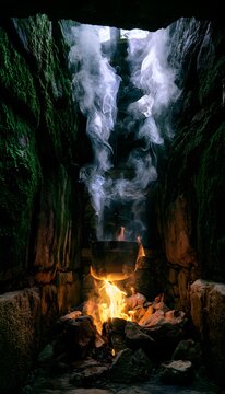 Mysterious ancient chamber reveals a fiery ritual scene of swirling smoke and flickering light