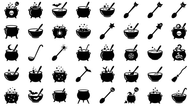 Witch cauldron mixing bowls magic spoon icon set vector illustration graphic asset for halloween cooking party design