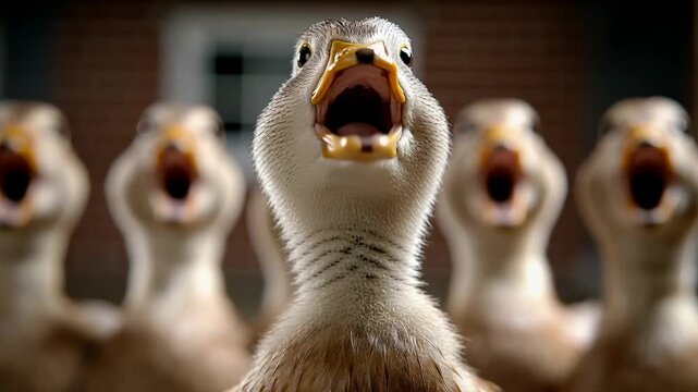 Ducks gather together and quack in a backyard during a sunny afternoon