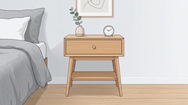 Modern wooden nightstand in cozy bedroom interior illustration