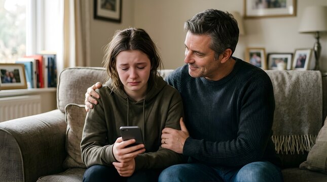 Concerned father comforting his crying teenage daughter at home on sofa