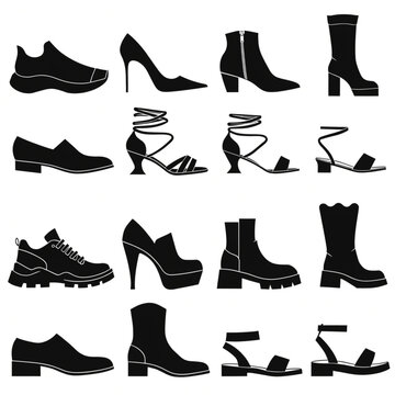 Footwear silhouettes of a sneaker, high heel, ankle boot, tall boot, dress shoe, and sandal with different styles for men and women.

