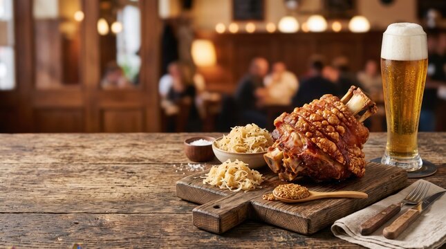 Crispy Bavarian Roasted Pork Knuckle Schweinshaxe with Sauerkraut and Cold Draft Beer
