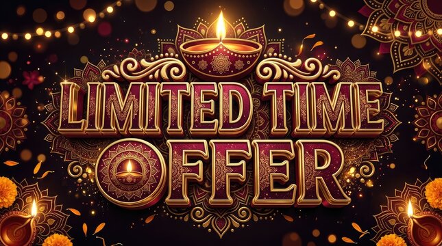 Elegant limited time offer promotional banner with glowing oil lamps with sparkling decorative patterns against dark showcases vibrant promotional