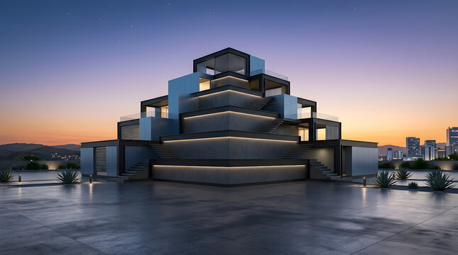 Minimalist 3D render showcasing an amber wavy architectural corridor, symmetrical frontal view, against a gradient twilight sky, with soft ambient glow, reflecting on still water