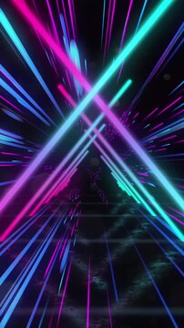 Animation of blue neon light trails and triangles over black background